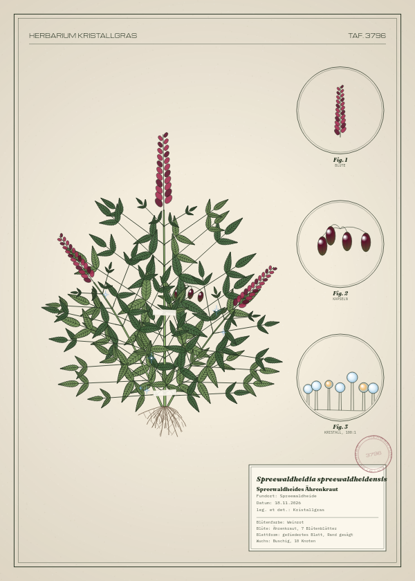 Botanische Tafel: Spreewaldheidia spreewaldheidensis, eine erfundene Pflanze aus Spreewaldheide, gezeichnet wie in einem alten Pflanzenatlas