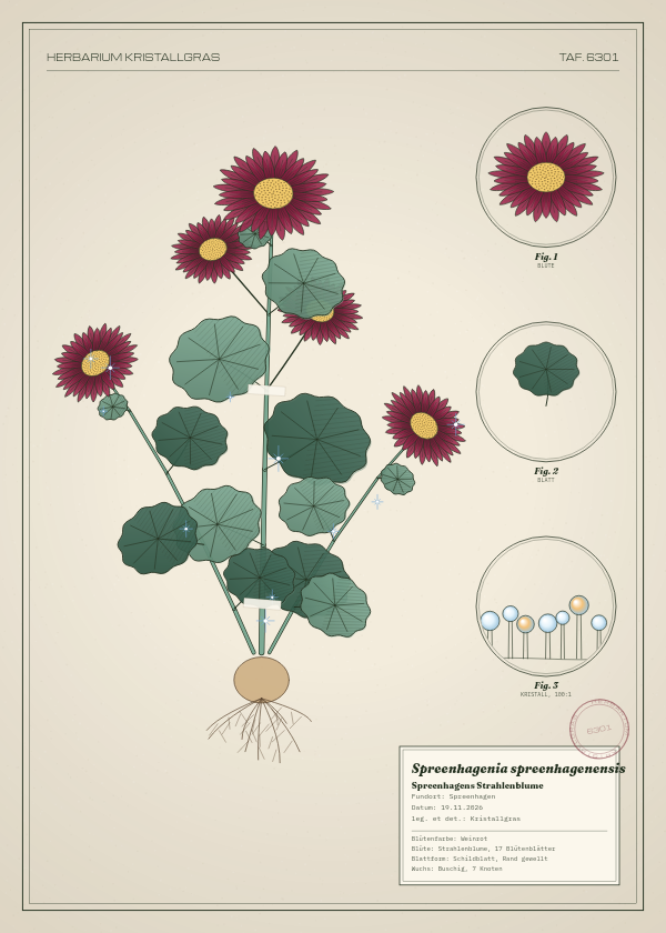 Botanische Tafel: Spreenhagenia spreenhagenensis, eine erfundene Pflanze aus Spreenhagen, gezeichnet wie in einem alten Pflanzenatlas