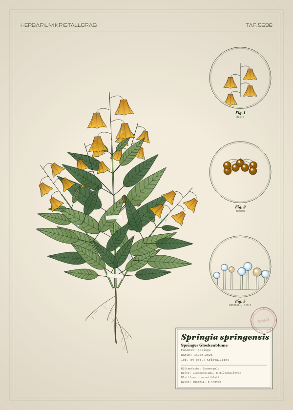 Botanische Tafel: Springia springensis, eine erfundene Pflanze aus Springe, gezeichnet wie in einem alten Pflanzenatlas