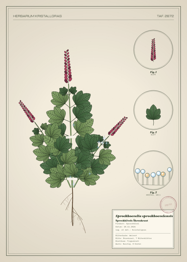 Botanische Tafel: Sprockhoevelia sprockhoevelensis, eine erfundene Pflanze aus Sprockhövel, gezeichnet wie in einem alten Pflanzenatlas