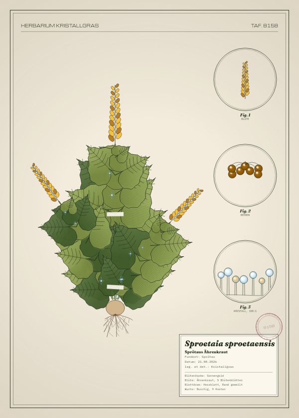 Botanische Tafel: Sproetaia sproetaensis, eine erfundene Pflanze aus Sprötau, gezeichnet wie in einem alten Pflanzenatlas
