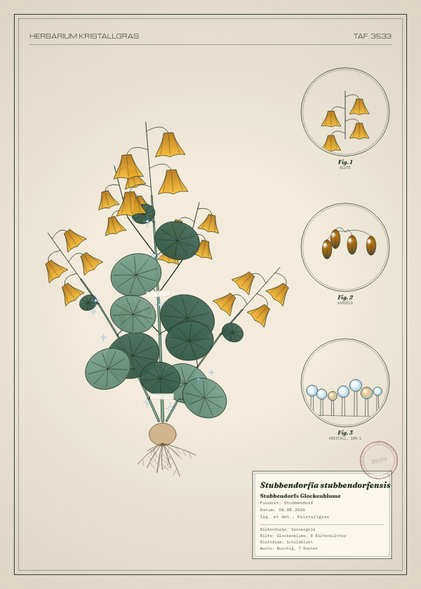 Botanische Tafel: Stubbendorfia stubbendorfensis, eine erfundene Pflanze aus Stubbendorf, gezeichnet wie in einem alten Pflanzenatlas