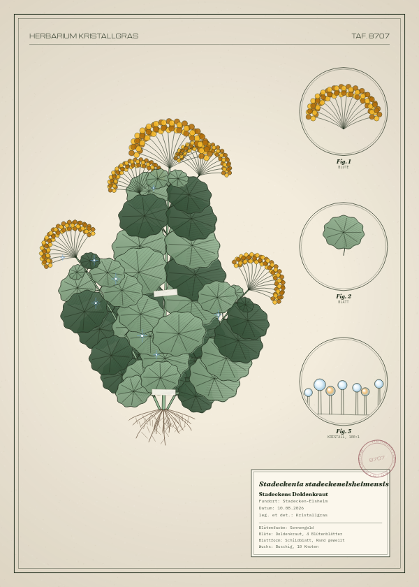 Botanische Tafel: Stadeckenia stadeckenelsheimensis, eine erfundene Pflanze aus Stadecken-Elsheim, gezeichnet wie in einem alten Pflanzenatlas