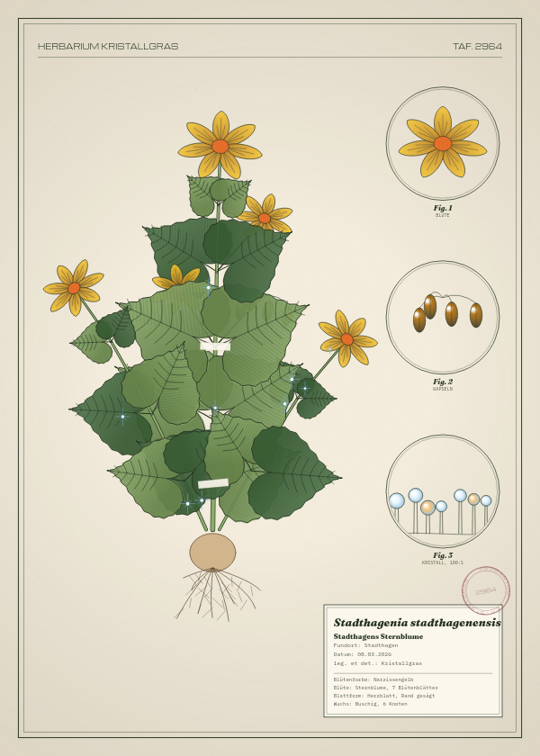 Botanische Tafel: Stadthagenia stadthagenensis, eine erfundene Pflanze aus Stadthagen, gezeichnet wie in einem alten Pflanzenatlas