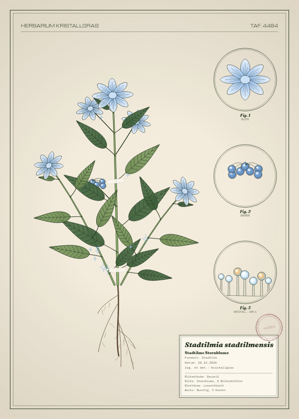 Botanische Tafel: Stadtilmia stadtilmensis, eine erfundene Pflanze aus Stadtilm, gezeichnet wie in einem alten Pflanzenatlas