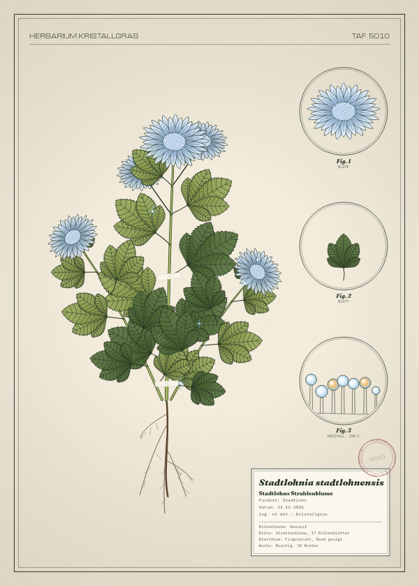 Botanische Tafel: Stadtlohnia stadtlohnensis, eine erfundene Pflanze aus Stadtlohn, gezeichnet wie in einem alten Pflanzenatlas