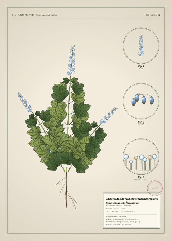 Botanische Tafel: Stadtoldendorfia stadtoldendorfensis, eine erfundene Pflanze aus Stadtoldendorf, gezeichnet wie in einem alten Pflanzenatlas
