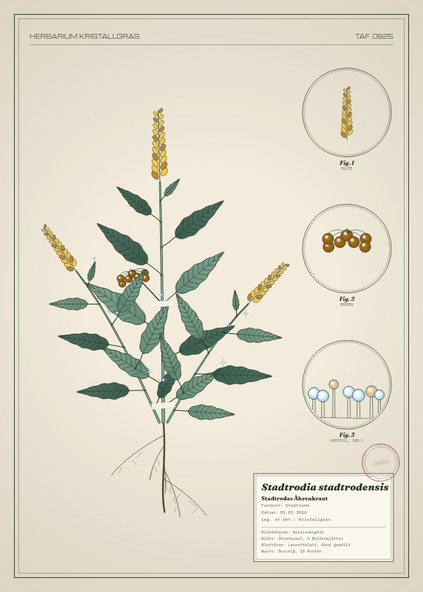 Botanische Tafel: Stadtrodia stadtrodensis, eine erfundene Pflanze aus Stadtroda, gezeichnet wie in einem alten Pflanzenatlas