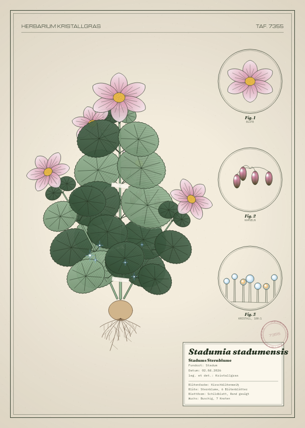 Botanische Tafel: Stadumia stadumensis, eine erfundene Pflanze aus Stadum, gezeichnet wie in einem alten Pflanzenatlas