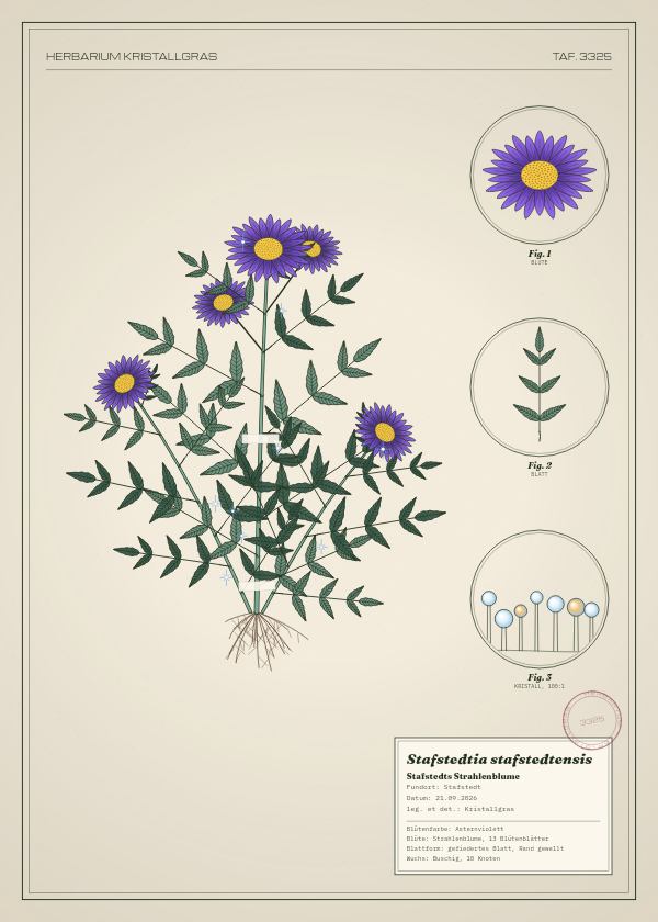 Botanische Tafel: Stafstedtia stafstedtensis, eine erfundene Pflanze aus Stafstedt, gezeichnet wie in einem alten Pflanzenatlas