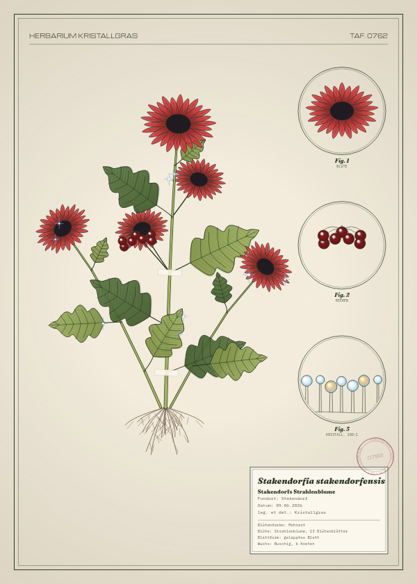 Botanische Tafel: Stakendorfia stakendorfensis, eine erfundene Pflanze aus Stakendorf, gezeichnet wie in einem alten Pflanzenatlas