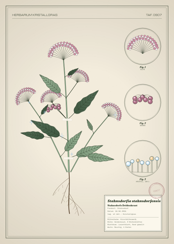 Botanische Tafel: Stahnsdorfia stahnsdorfensis, eine erfundene Pflanze aus Stahnsdorf, gezeichnet wie in einem alten Pflanzenatlas
