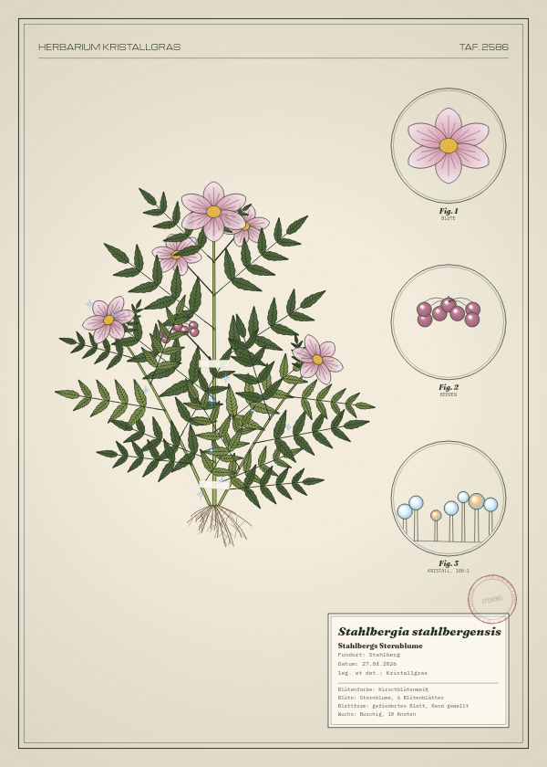 Botanische Tafel: Stahlbergia stahlbergensis, eine erfundene Pflanze aus Stahlberg, gezeichnet wie in einem alten Pflanzenatlas