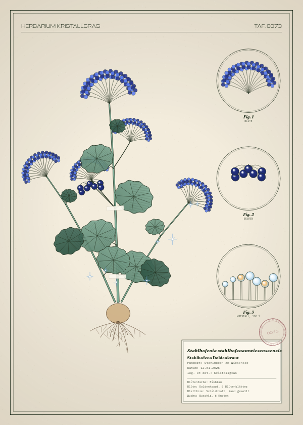 Botanische Tafel: Stahlhofenia stahlhofenamwiesenseensis, eine erfundene Pflanze aus Stahlhofen am Wiesensee, gezeichnet wie in einem alten Pflanzenatlas