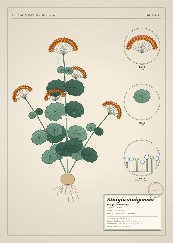 Botanische Tafel: Staigia staigensis, eine erfundene Pflanze aus Staig, gezeichnet wie in einem alten Pflanzenatlas