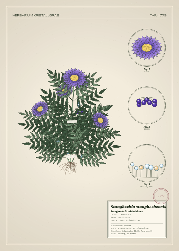 Botanische Tafel: Stangheckia stangheckensis, eine erfundene Pflanze aus Stangheck, gezeichnet wie in einem alten Pflanzenatlas