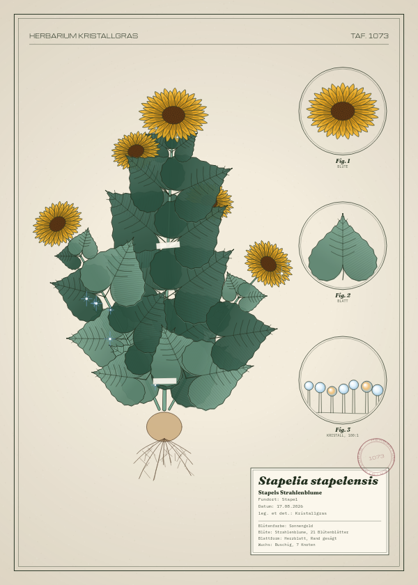 Botanische Tafel: Stapelia stapelensis, eine erfundene Pflanze aus Stapel, gezeichnet wie in einem alten Pflanzenatlas