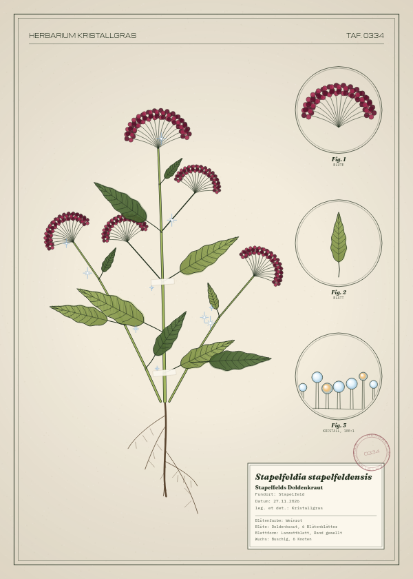 Botanische Tafel: Stapelfeldia stapelfeldensis, eine erfundene Pflanze aus Stapelfeld, gezeichnet wie in einem alten Pflanzenatlas