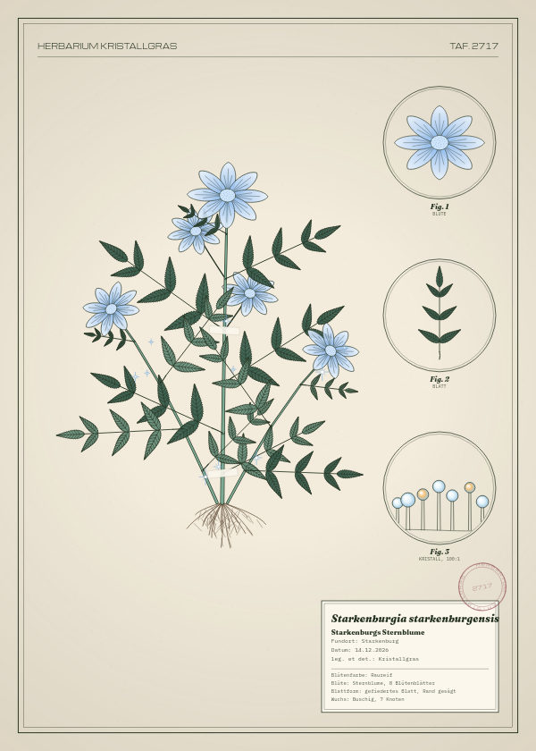 Botanische Tafel: Starkenburgia starkenburgensis, eine erfundene Pflanze aus Starkenburg, gezeichnet wie in einem alten Pflanzenatlas