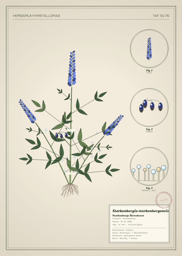 Botanische Tafel: Starkenbergia starkenbergensis, eine erfundene Pflanze aus Starkenberg, gezeichnet wie in einem alten Pflanzenatlas