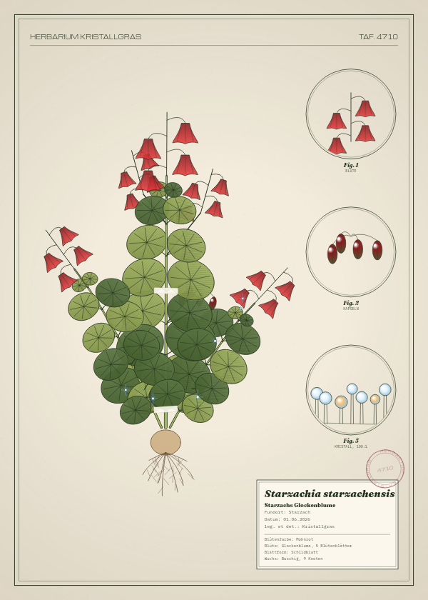 Botanische Tafel: Starzachia starzachensis, eine erfundene Pflanze aus Starzach, gezeichnet wie in einem alten Pflanzenatlas