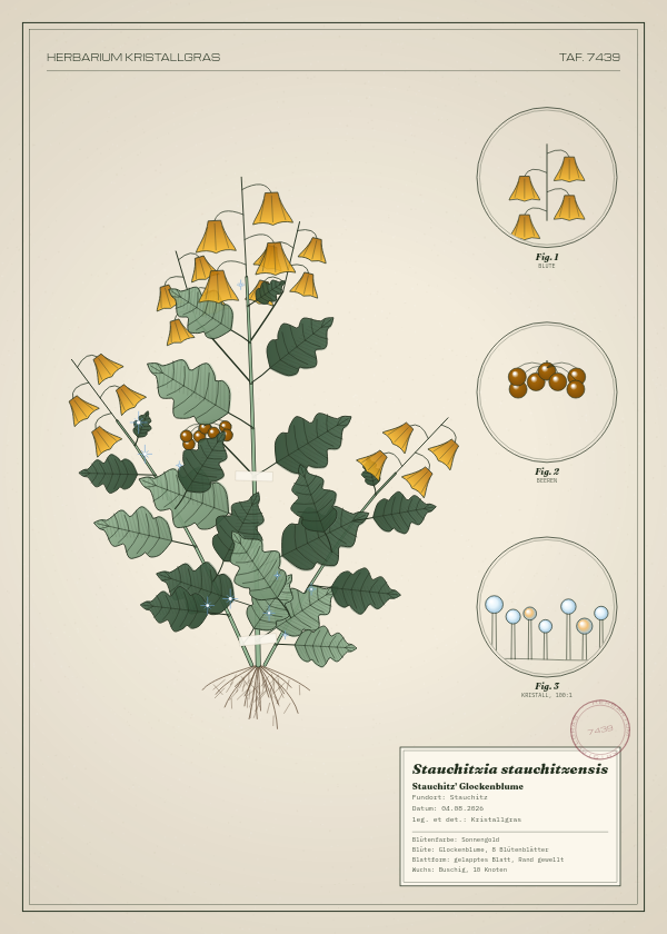 Botanische Tafel: Stauchitzia stauchitzensis, eine erfundene Pflanze aus Stauchitz, gezeichnet wie in einem alten Pflanzenatlas