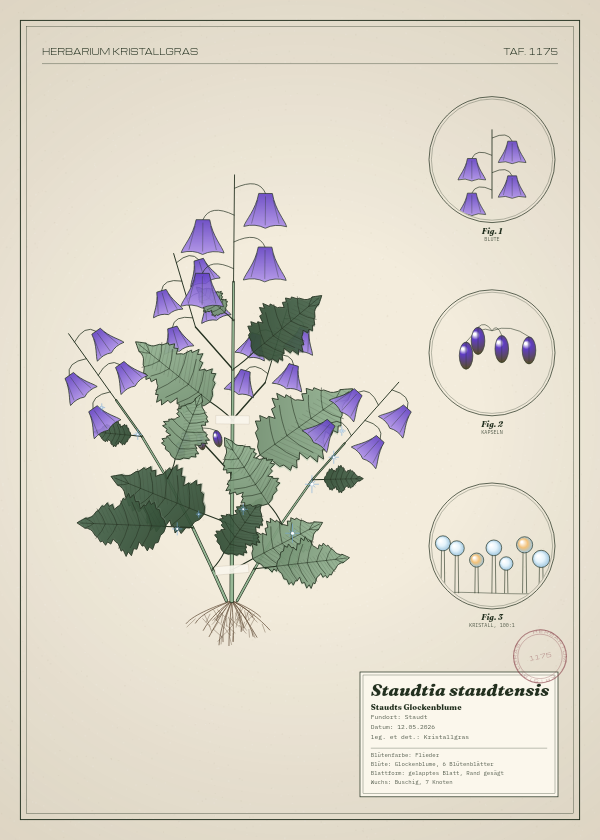 Botanische Tafel: Staudtia staudtensis, eine erfundene Pflanze aus Staudt, gezeichnet wie in einem alten Pflanzenatlas