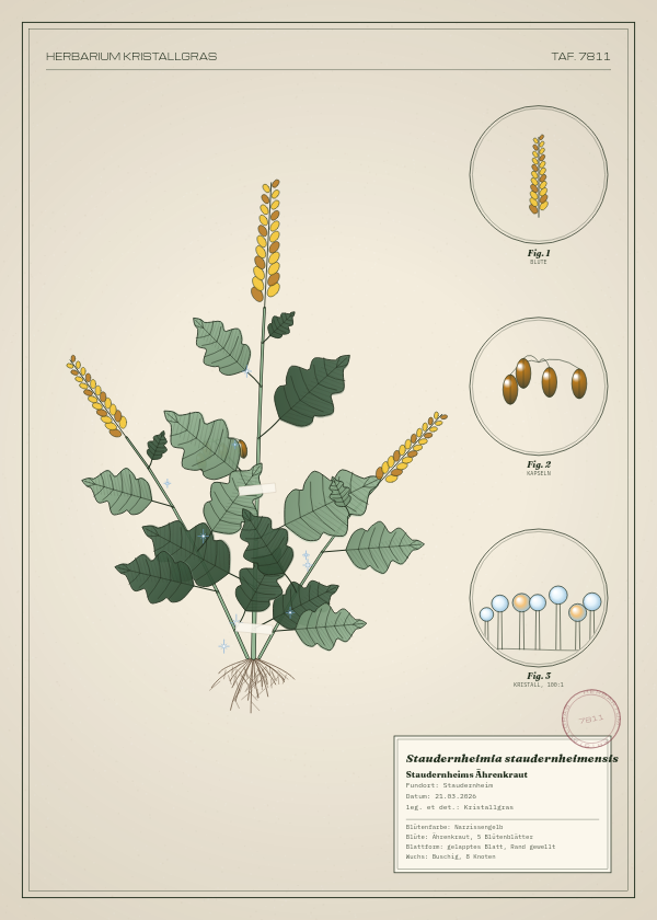 Botanische Tafel: Staudernheimia staudernheimensis, eine erfundene Pflanze aus Staudernheim, gezeichnet wie in einem alten Pflanzenatlas