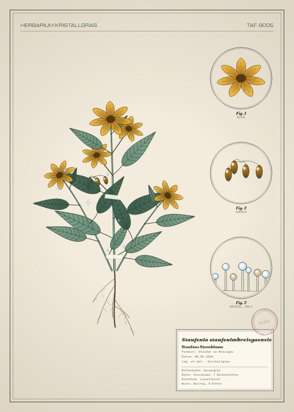 Botanische Tafel: Staufenia staufenimbreisgaensis, eine erfundene Pflanze aus Staufen im Breisgau, gezeichnet wie in einem alten Pflanzenatlas