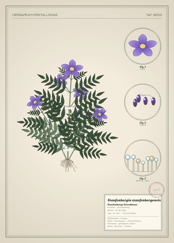 Botanische Tafel: Staufenbergia staufenbergensis, eine erfundene Pflanze aus Staufenberg, gezeichnet wie in einem alten Pflanzenatlas