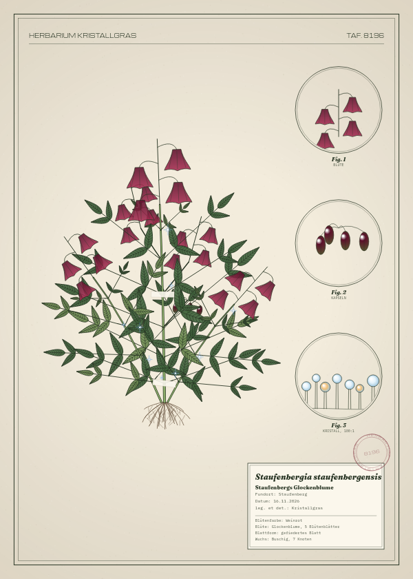 Botanische Tafel: Staufenbergia staufenbergensis, eine erfundene Pflanze aus Staufenberg, gezeichnet wie in einem alten Pflanzenatlas