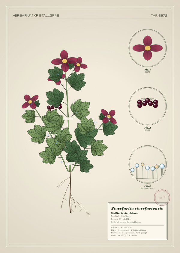 Botanische Tafel: Stassfurtia stassfurtensis, eine erfundene Pflanze aus Staßfurt, gezeichnet wie in einem alten Pflanzenatlas