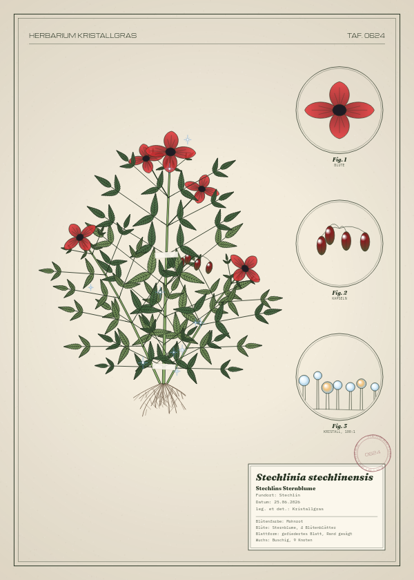Botanische Tafel: Stechlinia stechlinensis, eine erfundene Pflanze aus Stechlin, gezeichnet wie in einem alten Pflanzenatlas