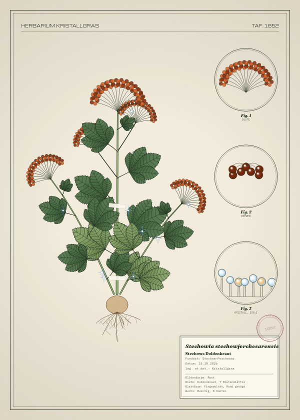 Botanische Tafel: Stechowia stechowferchesarensis, eine erfundene Pflanze aus Stechow-Ferchesar, gezeichnet wie in einem alten Pflanzenatlas