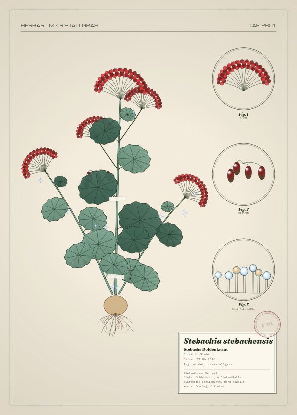Botanische Tafel: Stebachia stebachensis, eine erfundene Pflanze aus Stebach, gezeichnet wie in einem alten Pflanzenatlas