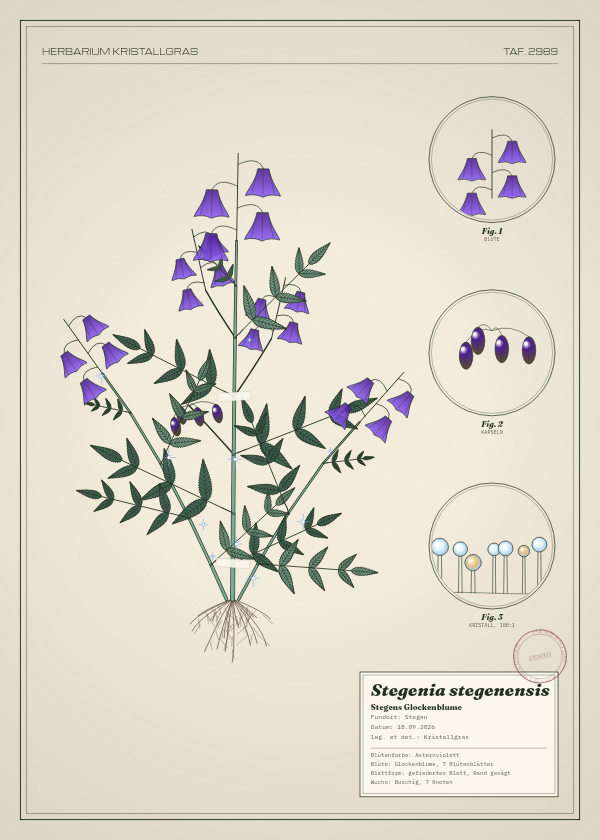 Botanische Tafel: Stegenia stegenensis, eine erfundene Pflanze aus Stegen, gezeichnet wie in einem alten Pflanzenatlas