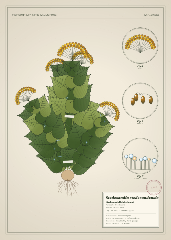 Botanische Tafel: Stedesandia stedesandensis, eine erfundene Pflanze aus Stedesand, gezeichnet wie in einem alten Pflanzenatlas