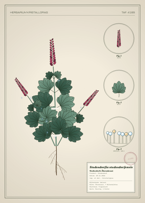 Botanische Tafel: Stedesdorfia stedesdorfensis, eine erfundene Pflanze aus Stedesdorf, gezeichnet wie in einem alten Pflanzenatlas