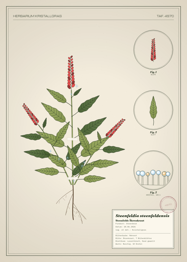 Botanische Tafel: Steenfeldia steenfeldensis, eine erfundene Pflanze aus Steenfeld, gezeichnet wie in einem alten Pflanzenatlas