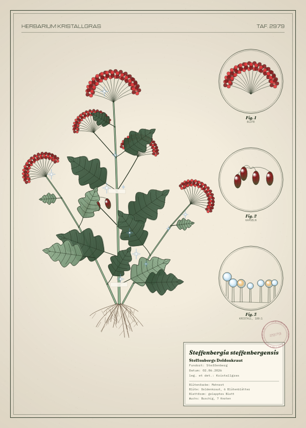 Botanische Tafel: Steffenbergia steffenbergensis, eine erfundene Pflanze aus Steffenberg, gezeichnet wie in einem alten Pflanzenatlas
