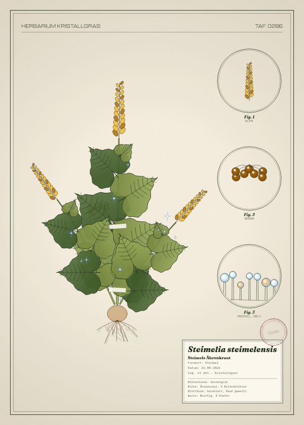 Botanische Tafel: Steimelia steimelensis, eine erfundene Pflanze aus Steimel, gezeichnet wie in einem alten Pflanzenatlas