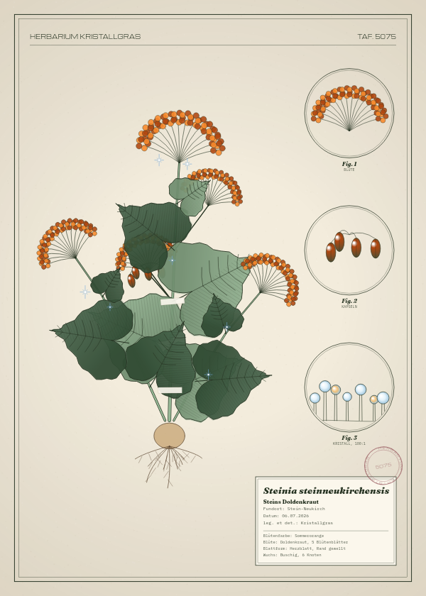 Botanische Tafel: Steinia steinneukirchensis, eine erfundene Pflanze aus Stein-Neukirch, gezeichnet wie in einem alten Pflanzenatlas