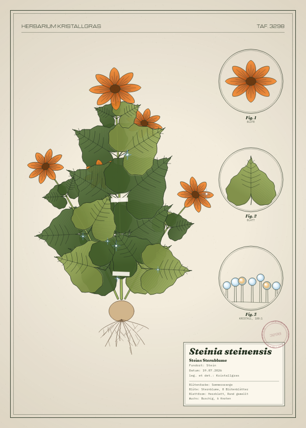 Botanische Tafel: Steinia steinensis, eine erfundene Pflanze aus Stein, gezeichnet wie in einem alten Pflanzenatlas
