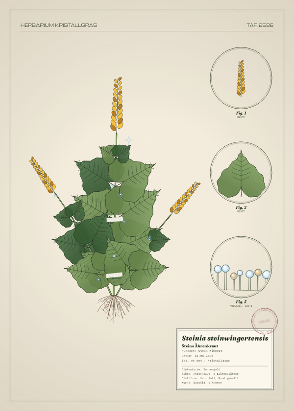 Botanische Tafel: Steinia steinwingertensis, eine erfundene Pflanze aus Stein-Wingert, gezeichnet wie in einem alten Pflanzenatlas