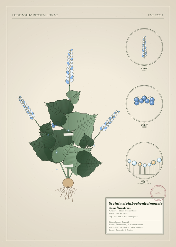 Botanische Tafel: Steinia steinbockenheimensis, eine erfundene Pflanze aus Stein-Bockenheim, gezeichnet wie in einem alten Pflanzenatlas