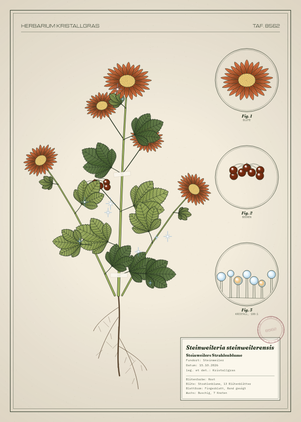 Botanische Tafel: Steinweileria steinweilerensis, eine erfundene Pflanze aus Steinweiler, gezeichnet wie in einem alten Pflanzenatlas