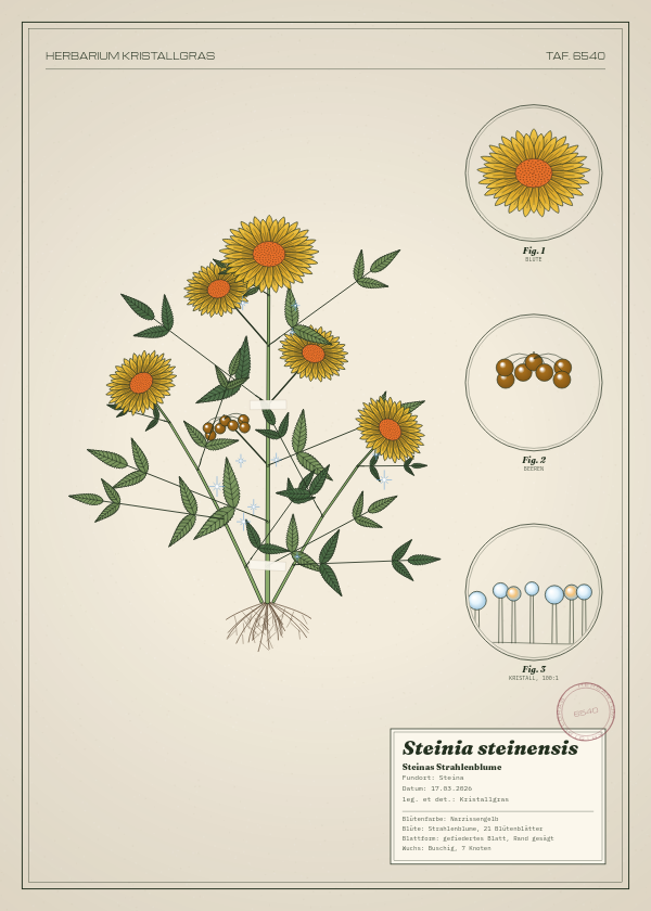 Botanische Tafel: Steinia steinensis, eine erfundene Pflanze aus Steina, gezeichnet wie in einem alten Pflanzenatlas