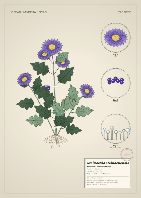 Botanische Tafel: Steinachia steinachensis, eine erfundene Pflanze aus Steinach, gezeichnet wie in einem alten Pflanzenatlas