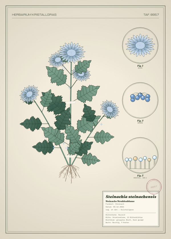 Botanische Tafel: Steinachia steinachensis, eine erfundene Pflanze aus Steinach, gezeichnet wie in einem alten Pflanzenatlas