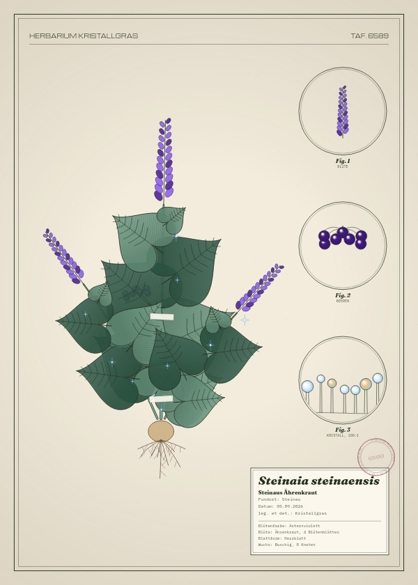 Botanische Tafel: Steinaia steinaensis, eine erfundene Pflanze aus Steinau, gezeichnet wie in einem alten Pflanzenatlas